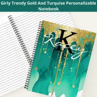 Trendy Turquise Gold Glitter Girly Monogram Name Notebook