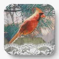 Cardinal in Front of Pine Tree Winter Paper Plates