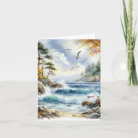 Serene Fall Watercolor Coastal Seascape Blank Note Card