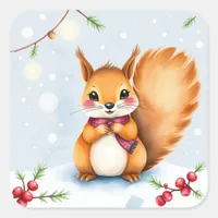 Festive Watercolor Squirrel Christmas Square Sticker