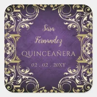 Rustic Purple Gold Elegant Quinceanera    Square Sticker