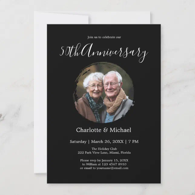 Modern Watercolor Wedding Anniversary Black Photo  Invitation