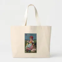 Vintage Easter Girl Painting Egg With Chickens Large Tote Bag