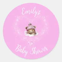 Snow Excited Pink Teddy Bear Baby Shower Classic Round Sticker