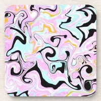 Fluid Art  Cotton Candy Pink, Teal, Black and Gold Beverage Coaster