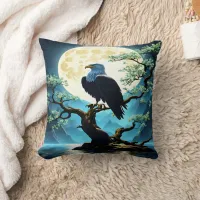 Eagle Perched on Branch Under Full Moonlight Throw Pillow