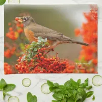 American Robin with a Pyracantha Pomme Towel