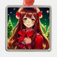 Beautiful Anime Girl in Red Christmas Metal Ornament