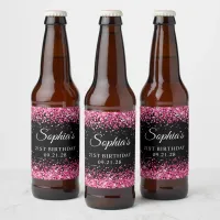 Hot Pink Glitter Black 21st Birthday Beer Bottle Label