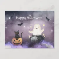 Cute Cat and Ghost Halloween Postcard