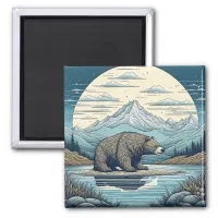 Bear, Mountains, Lake, Full Moon Ai Art Magnet