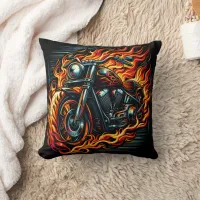 Fiery motorcycle roaring through vibrant flames throw pillow