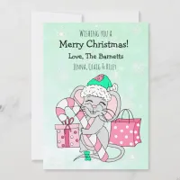 Cute Christmas Mouse Holding Candy Cane Holiday Card