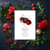 Navy, Red and Gold Floral Wedding Invitation