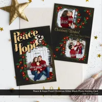 Peace & Hope Floral Christmas Glitter Black Photo Holiday Card