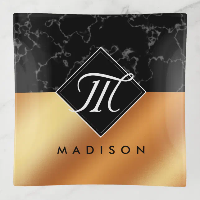 Elegant Black Marble & Copper Foil Script Monogram Trinket Tray