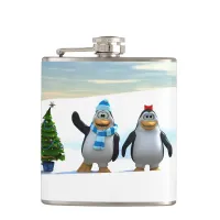 Cute Cartoon Penguin Pair with Tree Hip Flask