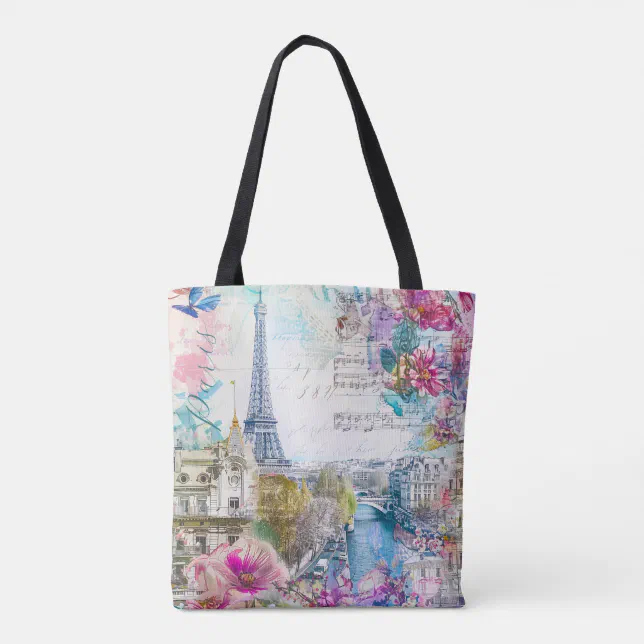 Paris Eiffel Tower Flowers Collage Travel Art Tote Bag