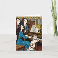 Hanukah women and cats sing around the piano card