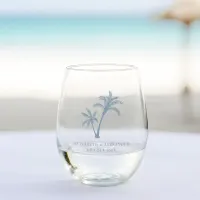 Dusty Blue Tropical Palm Trees Beach Wedding Stemless Wine Glass