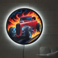 Classic hotrod blazing down a fiery highway LED sign