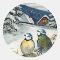 Vintage Winter Birds Classic Round Sticker