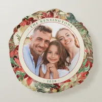 Rustic Red Holiday Floral Christmas Photo Round Pi Round Pillow