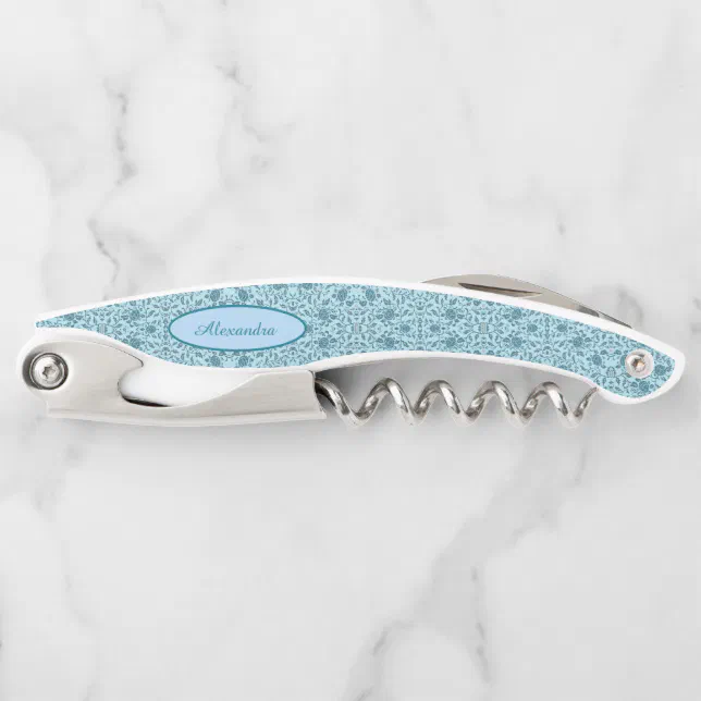 Elegant Flowery Teal Damask Waiter's Corkscrew