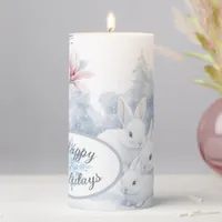 Cute White Rabbits in Snow Winter Holiday Pillar Candle