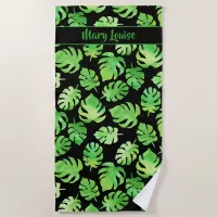 Tropical Green Watercolor Leaves Pattern with Name Beach Towel