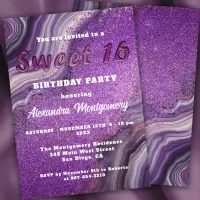 Luxurious Purple Glitter Agate Marble Sweet 16  Invitation