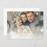 Simple Be Merry Heart Cute Script Gold photo  Holiday Postcard