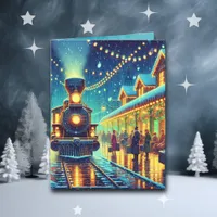 Vintage Train Station on Christmas Eve Snowy Night Card