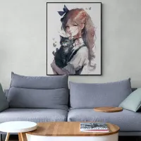 Anime Girl Holding Her Cat Watercolor Portrait Poster