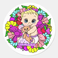 Sweet Little Baby with Teddy Bear Floral Classic Round Sticker