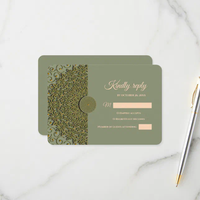 Elegant Modern Sage green & gold classic mandala RSVP Card