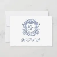 Elegant Blue Monogram Crest Wedding RSVP Card