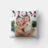 I Love You Mom Pink Hearts Typography Photo Throw Pillow