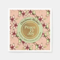 Peace & Joy, Pink Green Gold Poinsettia Christmas Napkins