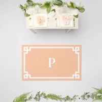 Peach and White Greek Key Border Monogram Outdoor Rug