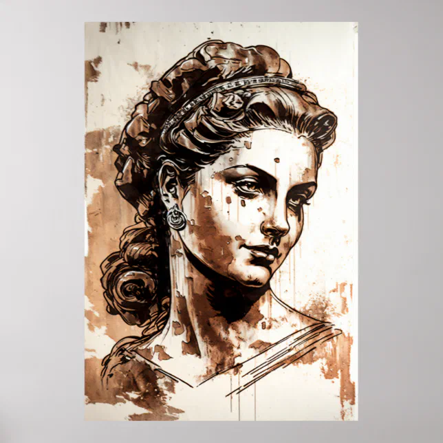 Roman Woman Portrait Ink and Rust Whitewashed Wood Poster