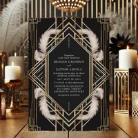 Black and Gold Art Deco Feather Wedding Invitation