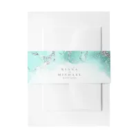 Marble Glitter Wedding Teal Silver V1 ID644 Invitation Belly Band