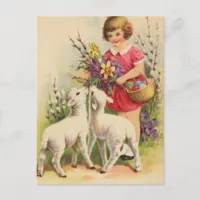 Vintage Easter Child and Lambs Postcard