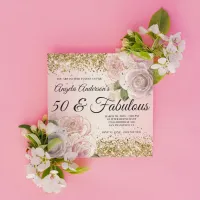 Gold Glitter Blush Pink Floral 50 & Fabulous Invitation