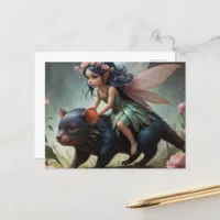 A cute fairy rides a Tasmanian Devil fantasy art Postcard