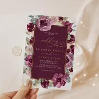 Elegant Modern Plum Gold Botanical Floral Wedding Foil Invitation