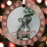 Rose Gold + Glitter Paw Pet Name Christmas Tree Metal Ornament