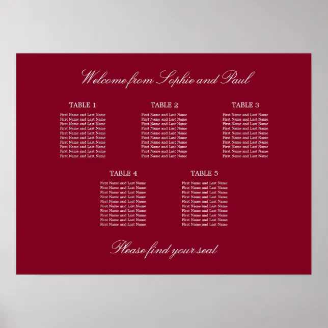 Burgundy 5 Table Wedding Seating Chart Poster