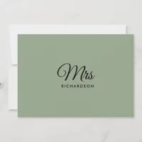 Minimalist Script Sage Green Mrs. Surname Blank Thank You Card